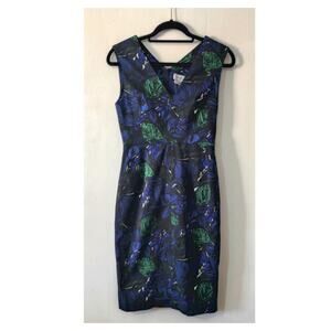 JIGSAW Sheath Dress V-Neck Sleeveless Tropical Leaf Print Sz 6 Blue Black Green